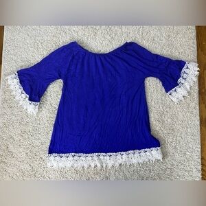 Kids 6-8 Blue Long Sleeve Top With Lace Trimmings NWT